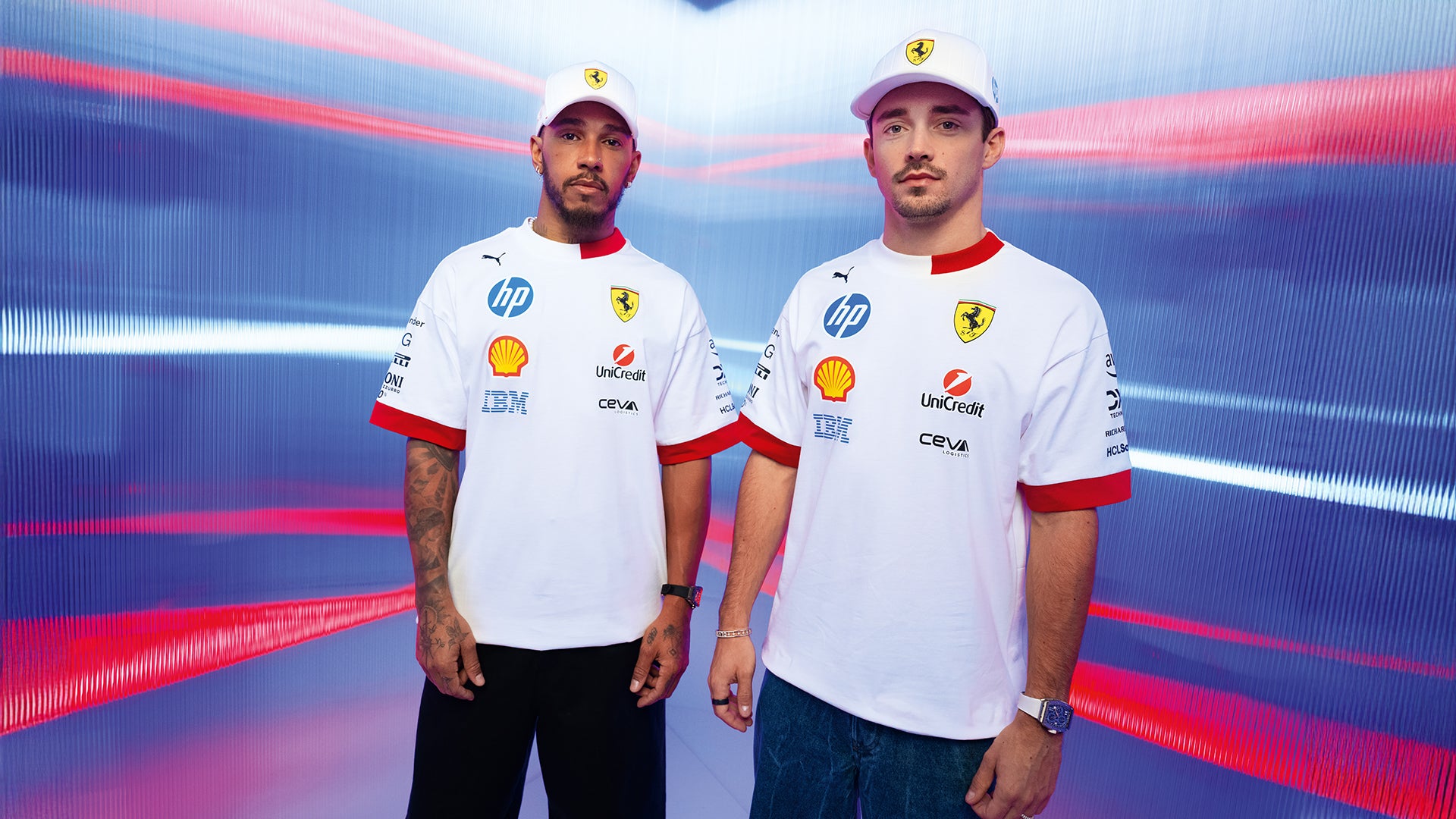 Drivers wearing 2025 Ferrari Miami Edition F1 Team Shirt