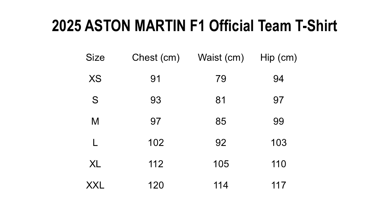Size chart for 2025 Aston Martin Official F1 Team T-Shirt