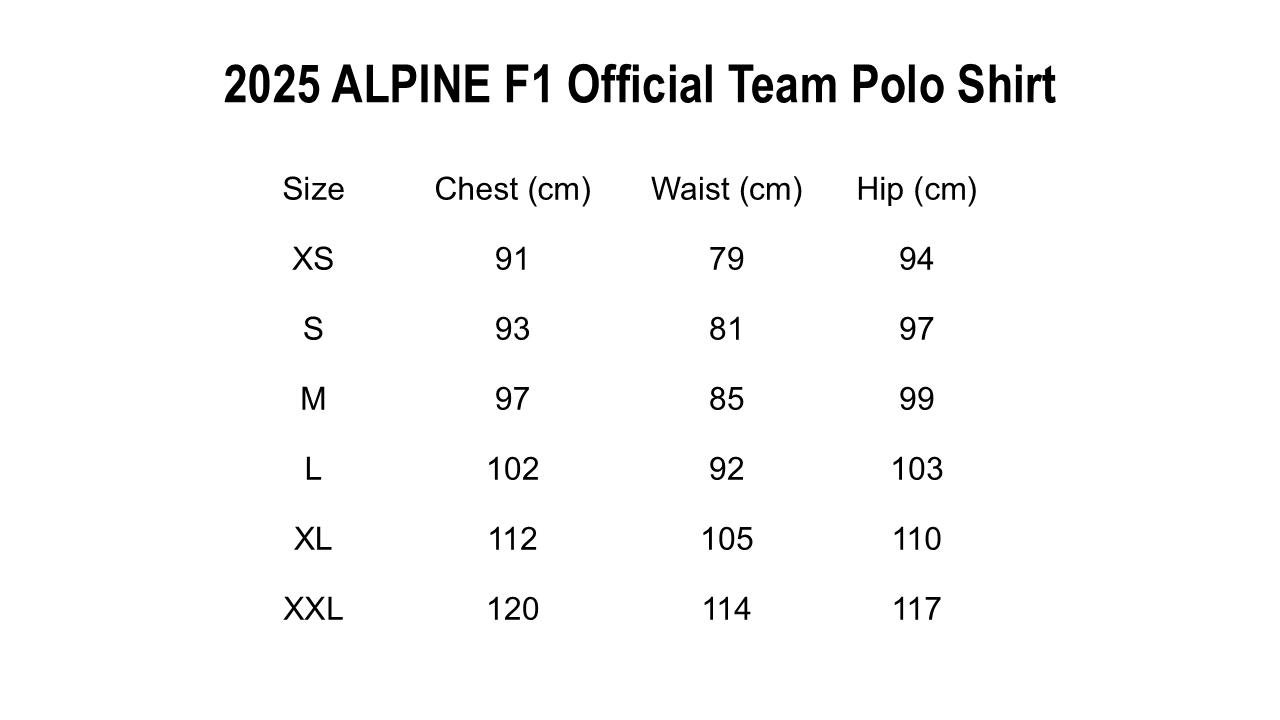 Size chart for 2025 Alpine Racing Official Polo Shirt