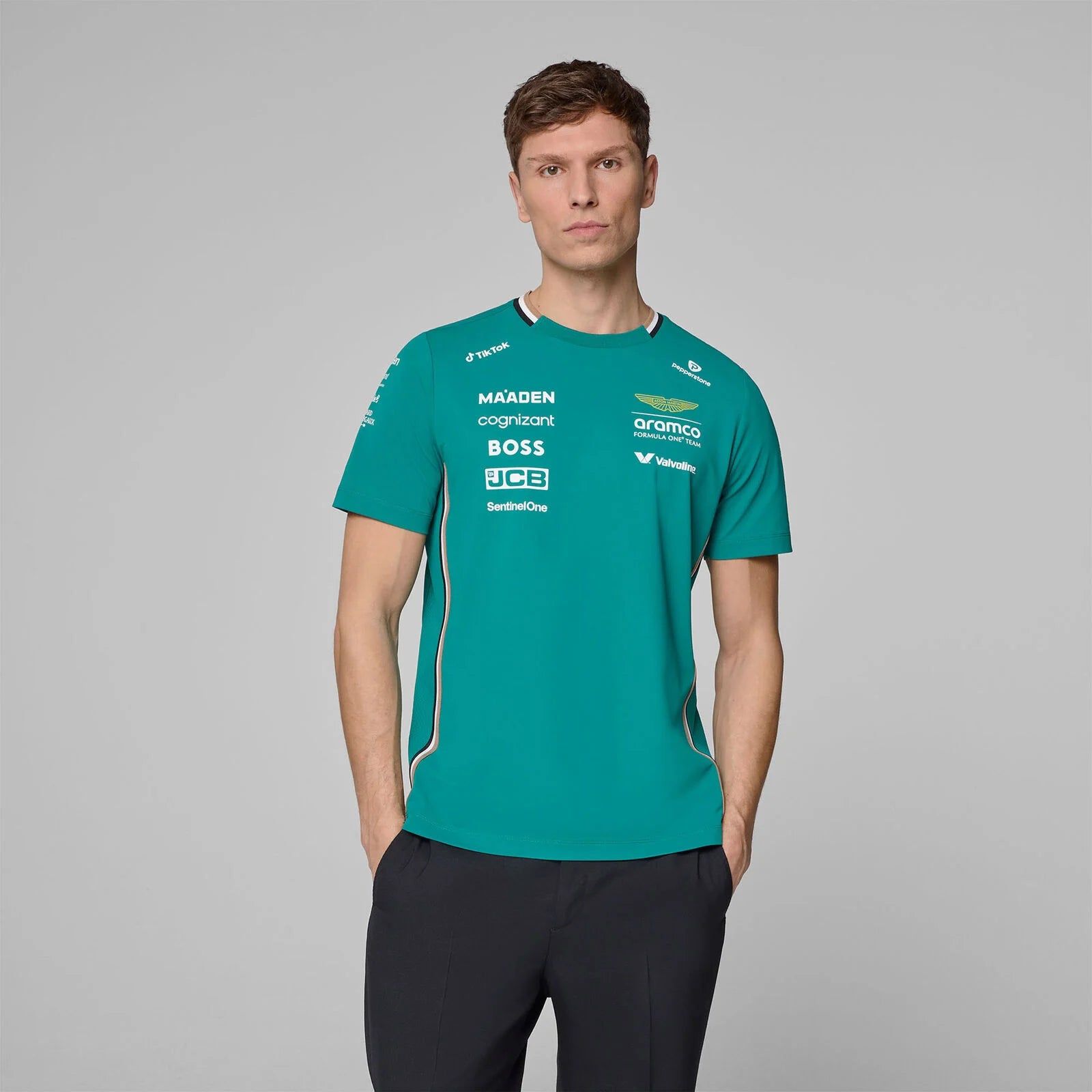Lifestyle view of model wearing Aston Martin 2025 F1 Shirt