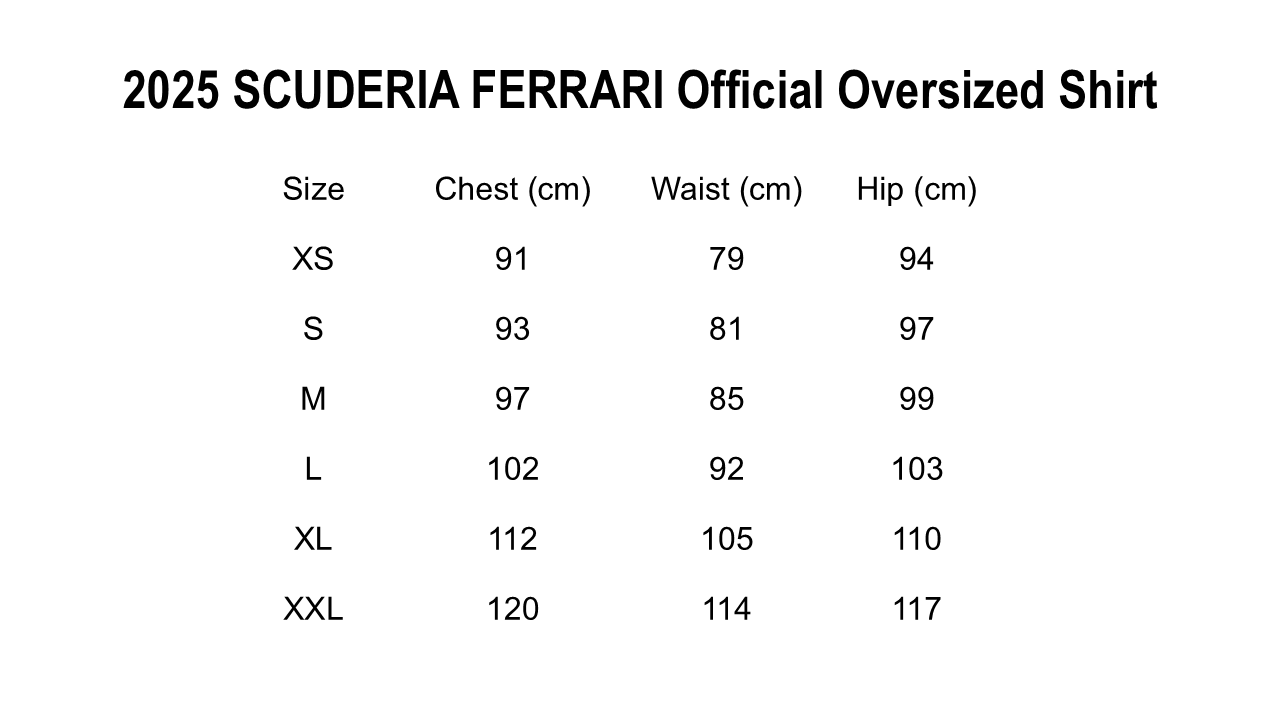 Size chart for 2025 Ferrari F1 Oversized Team T-Shirt