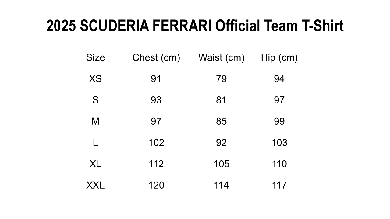 Size chart for 2025 Scuderia Ferrari Official F1 Team T-Shirt