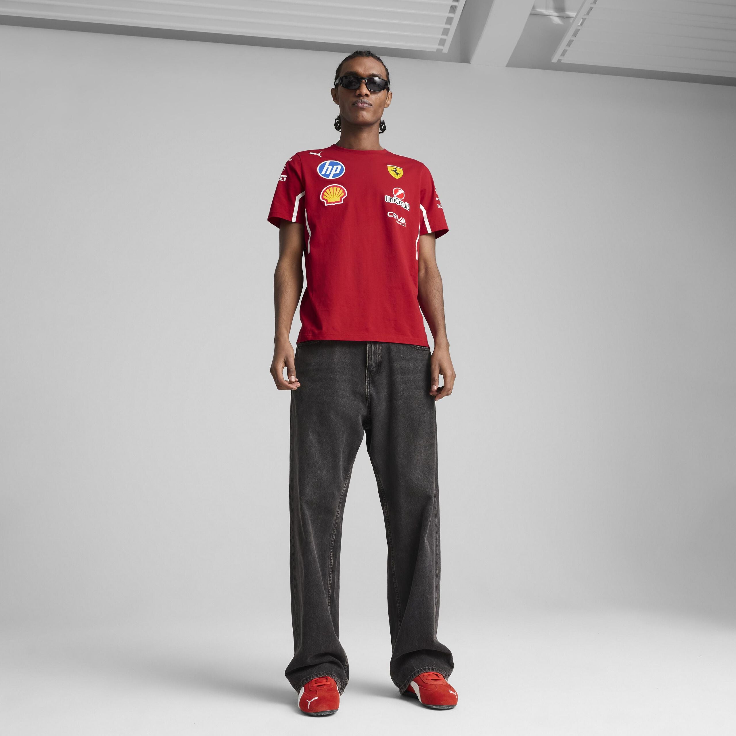 Full body view of Ferrari F1 Team Shirt 2025 on model