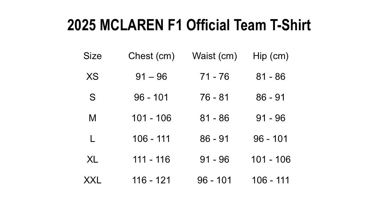 Size chart for 2025 McLaren F1 Official Team T-Shirt