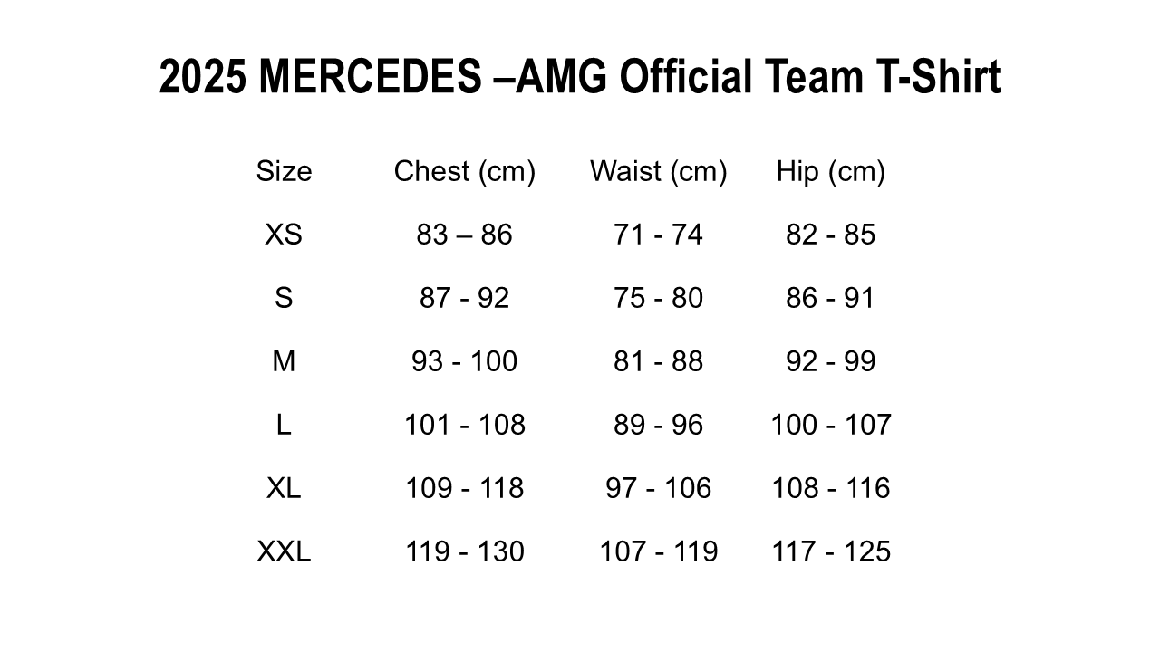 Size chart for 2025 Mercedes-AMG F1 Official Team T-Shirt