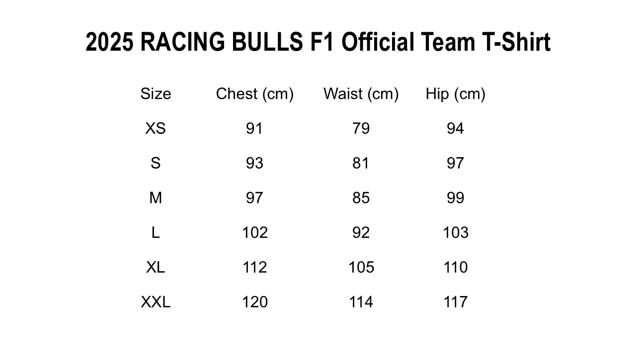 Size chart for 2025 Visa Cash App Racing Bulls F1 Polo Shirt