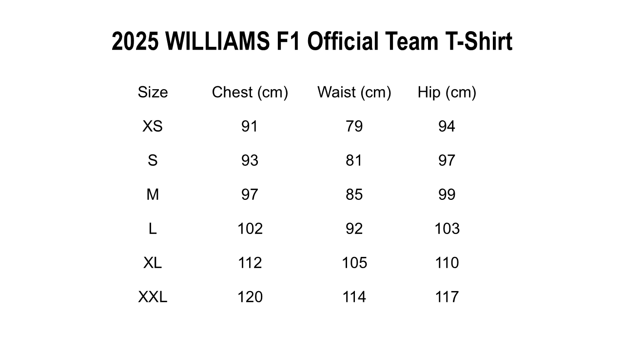 Size chart for 2025 Williams Racing Official Team T-Shirt