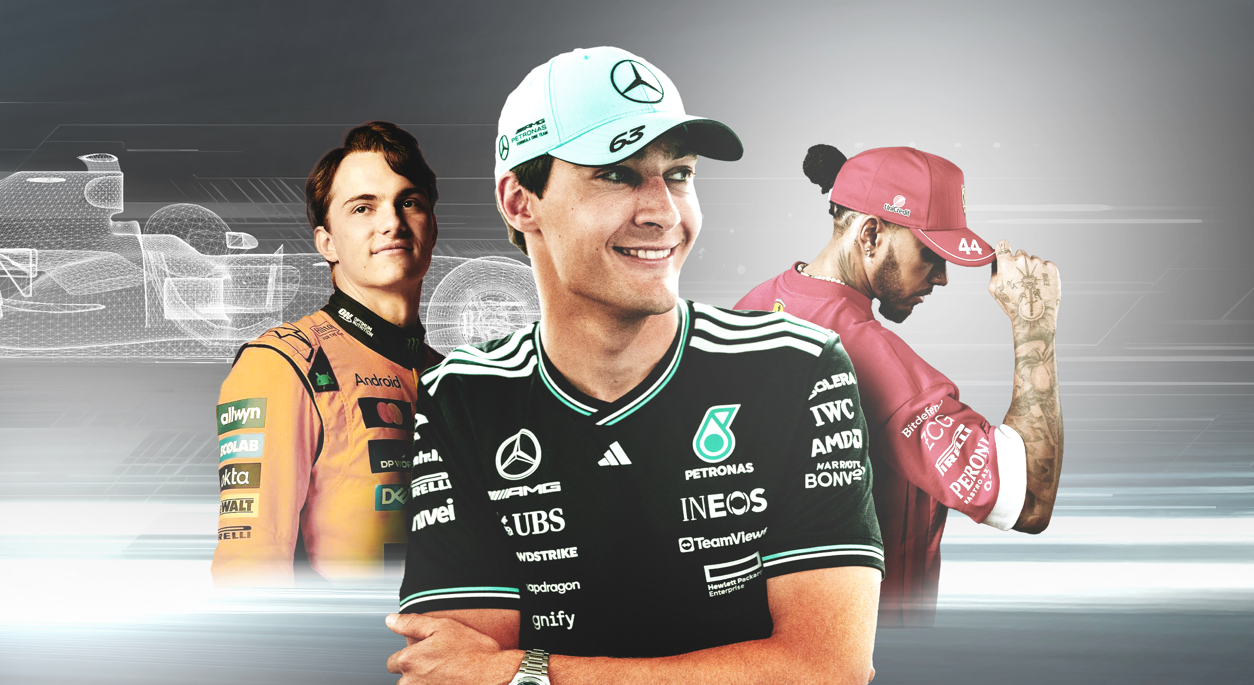 Three Formula 1 drivers in racing gear with a blurred background