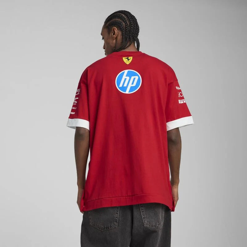 Model showing back of Ferrari Oversized T-Shirt 2025