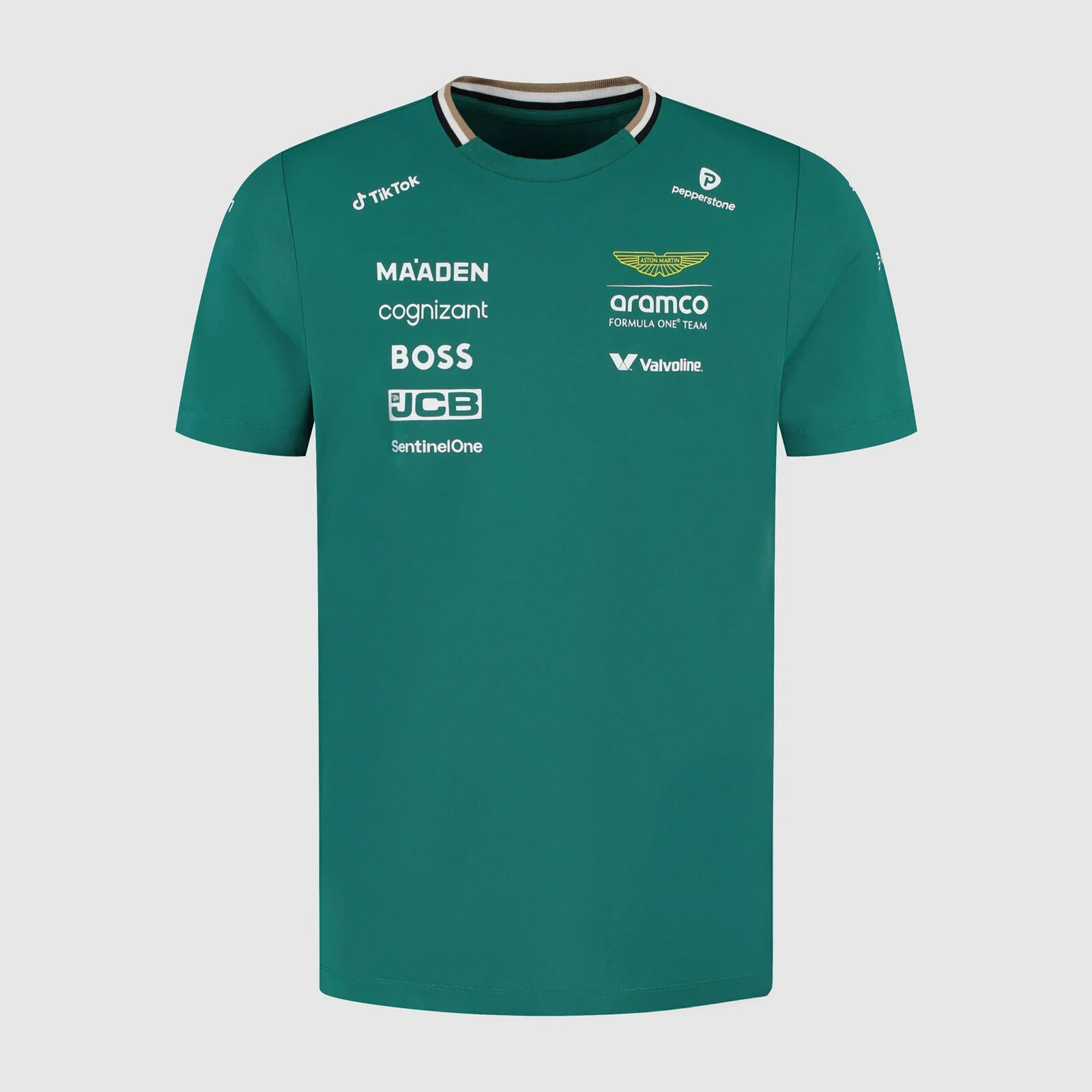 Front view of 2025 Aston Martin F1 Team T-Shirt with logos