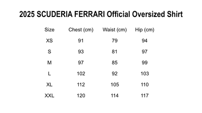 Size chart for 2025 Ferrari F1 Oversized Team T-Shirt