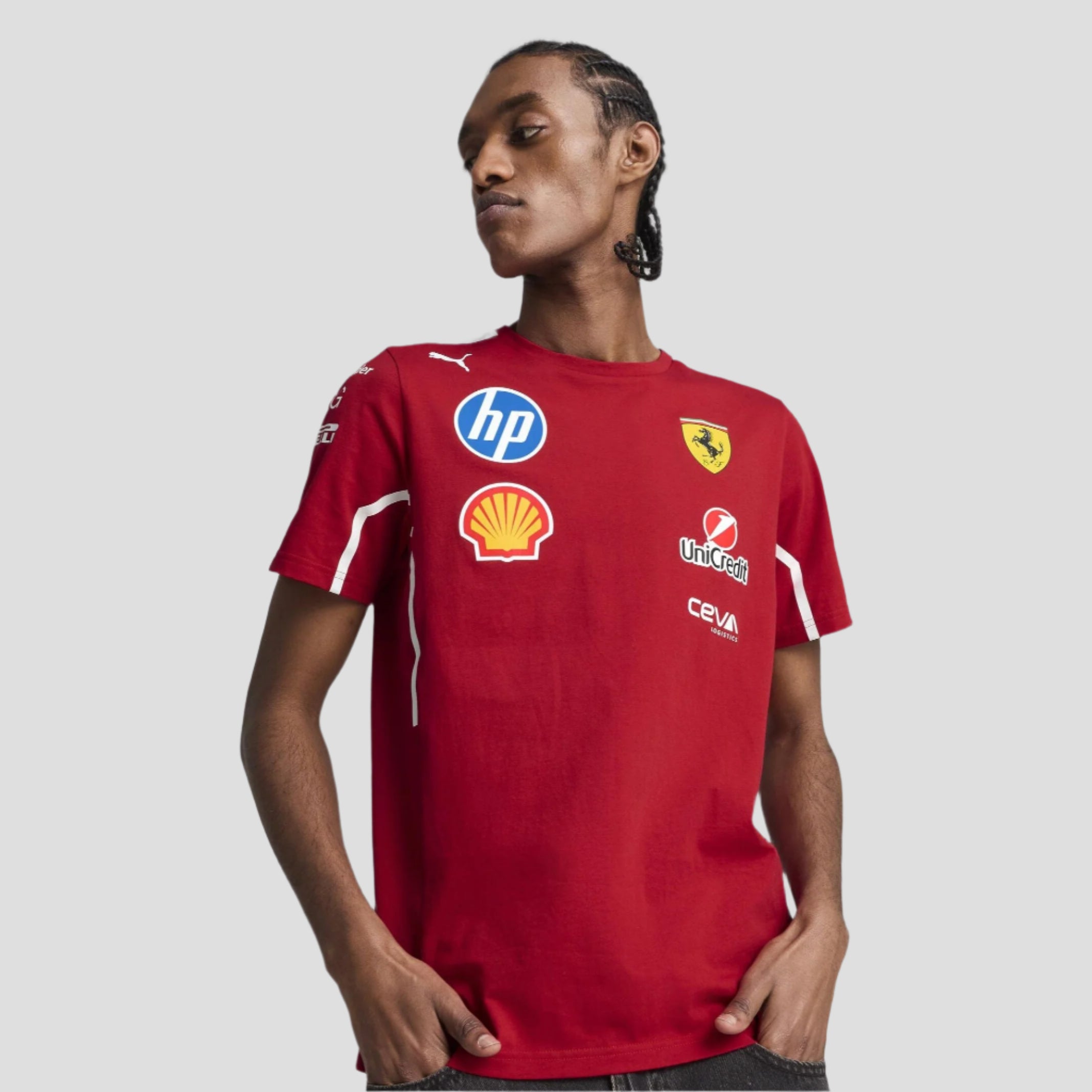 Model wearing 2025 Ferrari F1 T-Shirt front view
