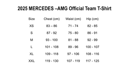 Size chart for 2025 Mercedes-AMG F1 Official Team T-Shirt