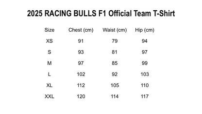 Size chart for 2025 Visa Cash App Racing Bulls F1 Polo Shirt