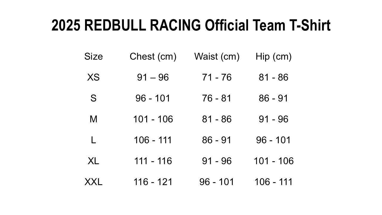 Size chart for 2025 Red Bull Racing Official Team T-Shirt