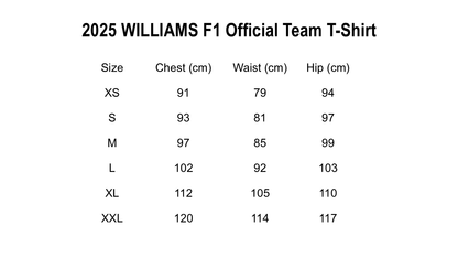 Size chart for 2025 Williams Racing Official Team T-Shirt